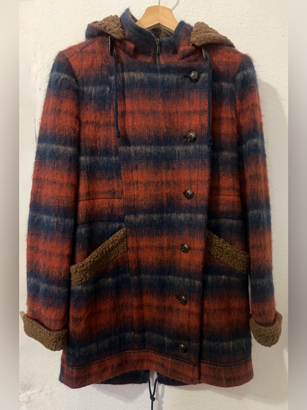 Staring at Stars Plaid Hooded Wool-Blend Coat in Rust Red & Navy - Small